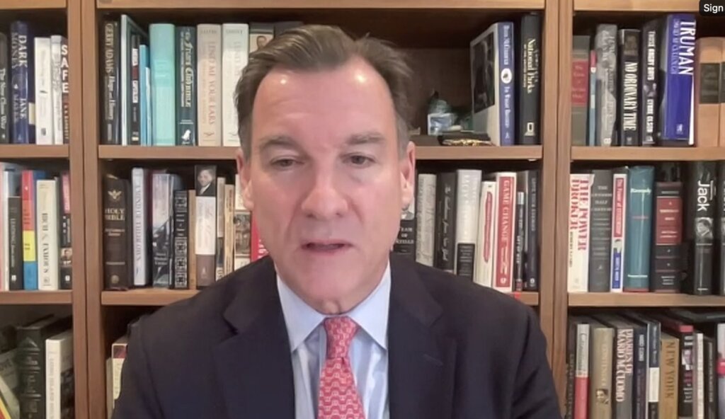 Tom Suozzi speaks to reporters via Zoom. (Screenshot)