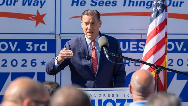 U.S. Rep. Tom Suozzi speaks at the Mineola event at which he kicked off his re-election campaign for the 3rd Congressional District on Tuesday. Credit: Barry Sloan