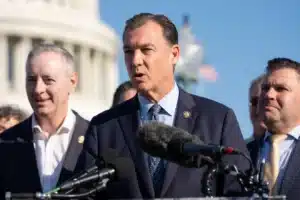 Rep Tom Suozzi, D- New York, gives remarks during a press conference on Capitol Hill in Washington, DC, on Sept 16, 2026. Aaron Schwartz/Reuters