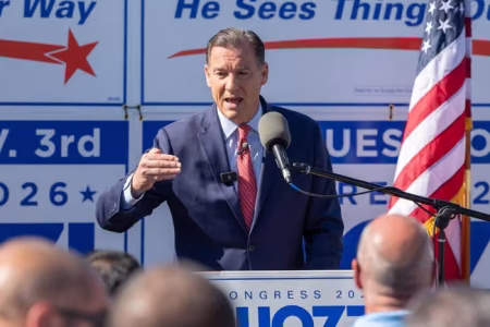 U.S. Rep. Tom Suozzi speaks at the Mineola event at which he kicked off his re-election campaign for the 3rd Congressional District on Tuesday. Credit: Barry Sloan