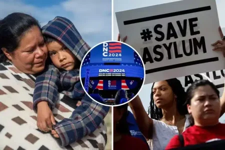 Left: Mexican migrant Veronica Marquez, 36, comforts her son Mariano, 5, while waiting to be apprehended by U.S. Customs and Border protection officers after crossing over into the U.S. on June 25, 2024 in Ruby, Arizona. Right: Members of CASA join Democratic members of the House of Representatives during a rally to voice their opposition to President Joe Biden's new policy on asylum outside the U.S. Capitol on June 04, 2024 in Washington, DC. Center: A general view prior to the start of the third day of the Democratic National Convention at the United Center on August 21, 2024 in Chicago, Illinois. Less Brandon Bell/Chip Somodevilla/Getty Images