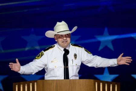 Javier Salazar, sheriff of Bexar County Texas, speaks during the Democratic National Convention at the United Center in Chicago, Illinois. Aug. 21, 2024. 
Getty Images