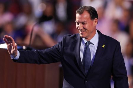 Rep. Tom Suozzi (D-N.Y.) arrives to speak on the third day of the Democratic National Convention at the United Center in Chicago, on Aug. 21, 2024. | Charly Triballeau/AFP via Getty Images